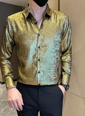 夜店发型师小码修身长袖衬衫男青年商务休闲个性金色衬衣S号上衣