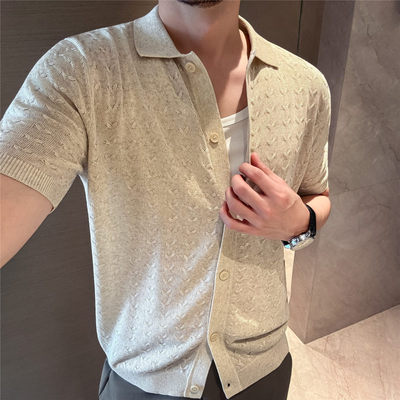 【人夫感穿搭】莱赛尔亚麻针织开衫男小码S号提花镂空翻领短袖t恤