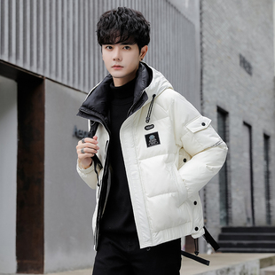 冬季连帽宇航员羽绒服男小码S号微宽松加厚保暖外套潮白鸭绒上衣