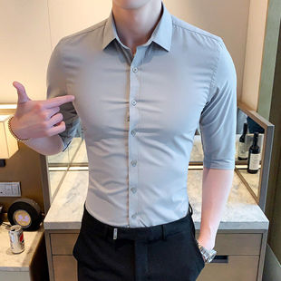 发型师商务休闲男士七分袖衬衫夏季XS码S修身衬衣帅气中袖寸衫160