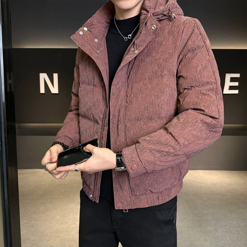 冬季小码潮牌字母连帽羽绒服男155矮个子S号XS码修身PU皮加厚外套