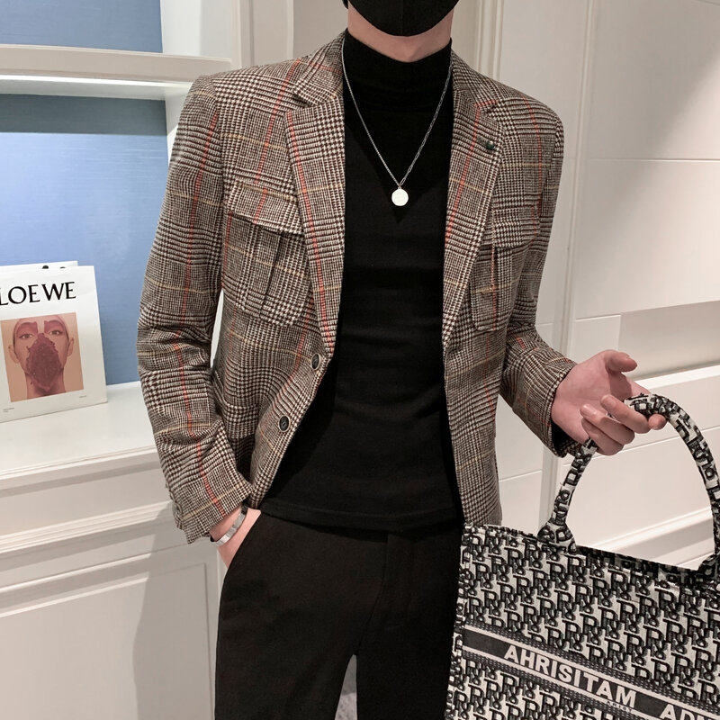 秋冬小码西装外套男发型师潮流S号XS码修身格子毛呢短款便西服155