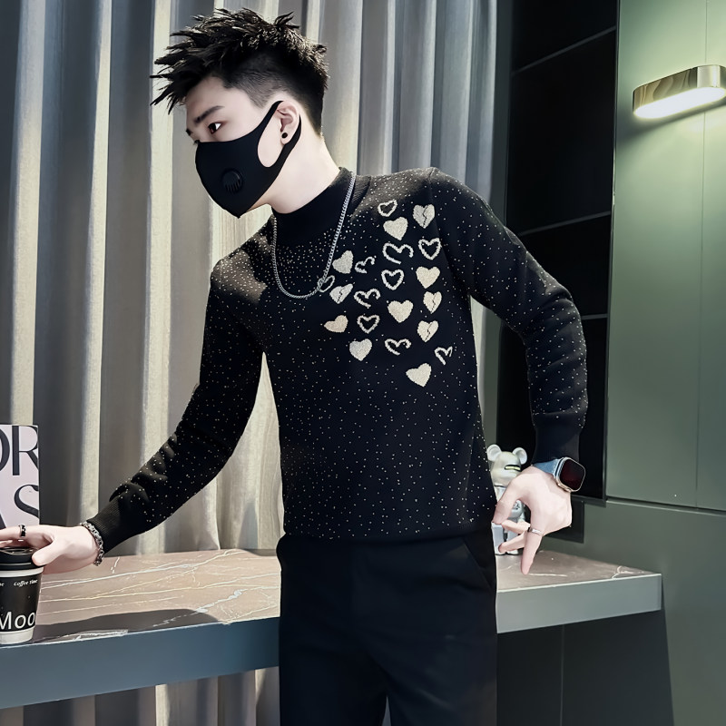 155矮个子冬季爱心波点提花针织衫XS码S号修身半高领毛衣男打底衫