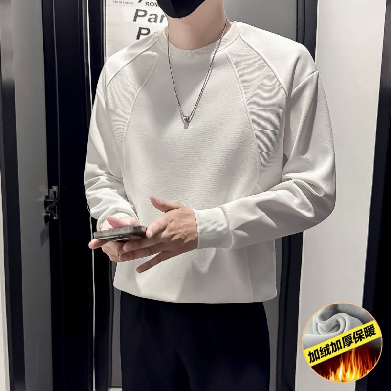 秋冬男士小码加绒保暖卫衣修身短款S号长袖t恤160时尚潮牌打底衫