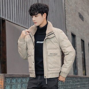 XS码矮小个子穿搭冬季羊羔毛领皮衣羽绒服男160修身短款保暖外套