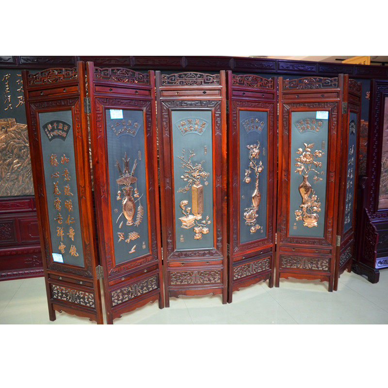 高端大气六扇屏风三奇帝紫铜浮雕