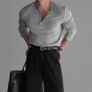 罩衫 美式 t恤门襟领休闲工装 男半开扣宽松长袖 硬汉风人造丝亨利衫