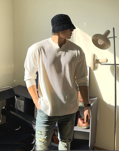 欧美v领上衣男冰丝褶皱宽松长袖t恤健身训练运动速干亨利衫缺口领