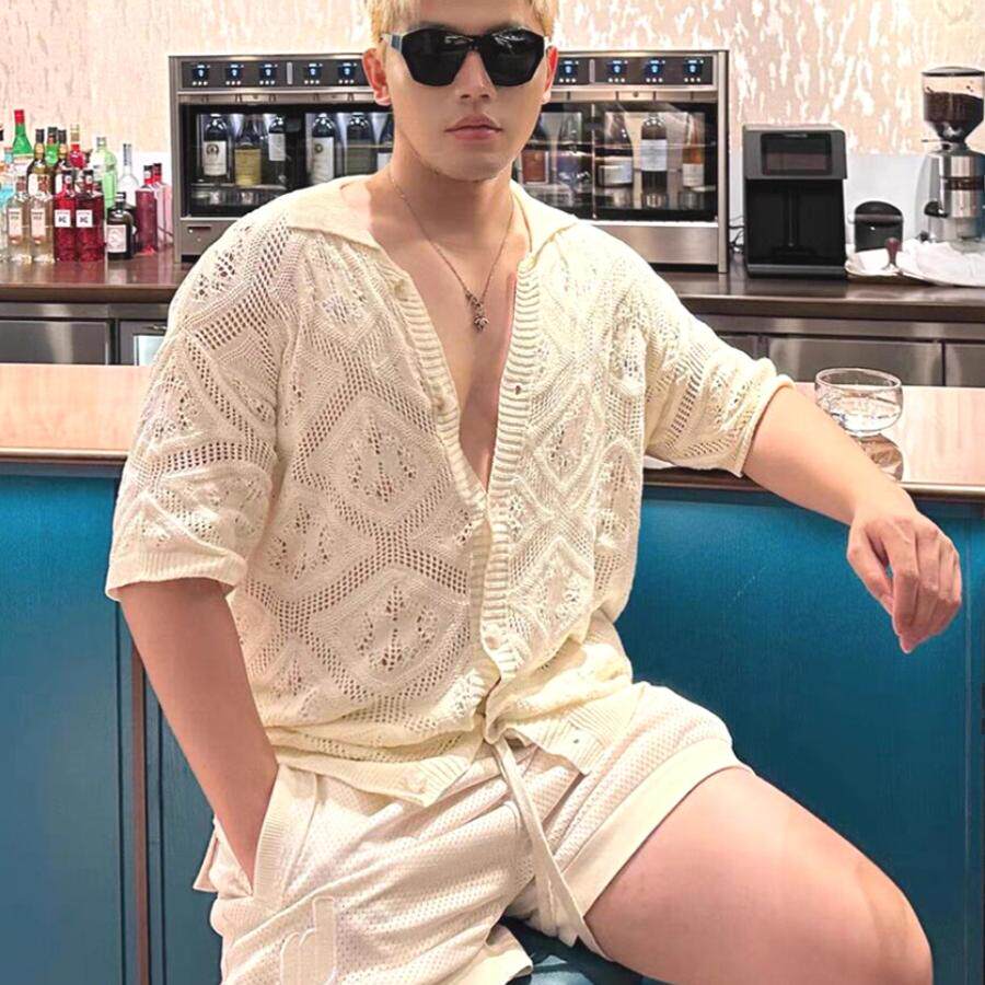 美式硬汉镂空蕾丝针织开衫男宽松短袖翻领工装t恤网眼透视polo衫