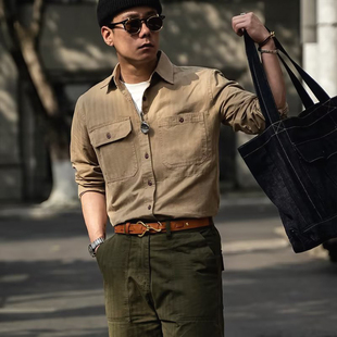 军事风机能工装 男高级感斜纹布长袖 衬衣外套 纯棉阿美咔叽衬衫 美式