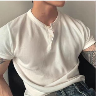 短袖 美式 男羊毛混紡冰爽絲修身 衛(wèi)衣涼感透氣工裝 亨利領(lǐng)針織衫 t恤