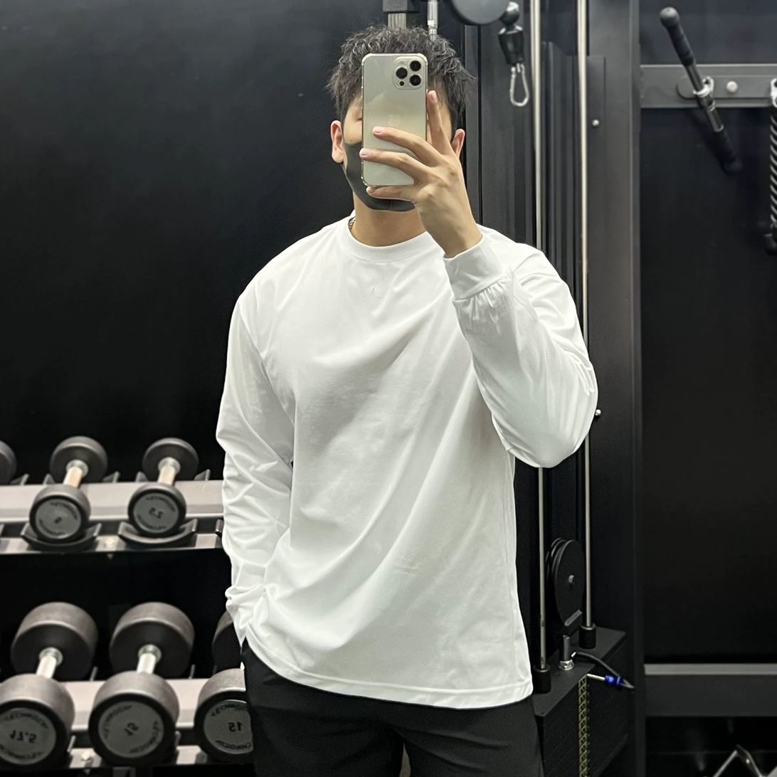 健身训练运动卫衣男棉质透气小领口长袖t恤收袖口正肩内搭打底衫