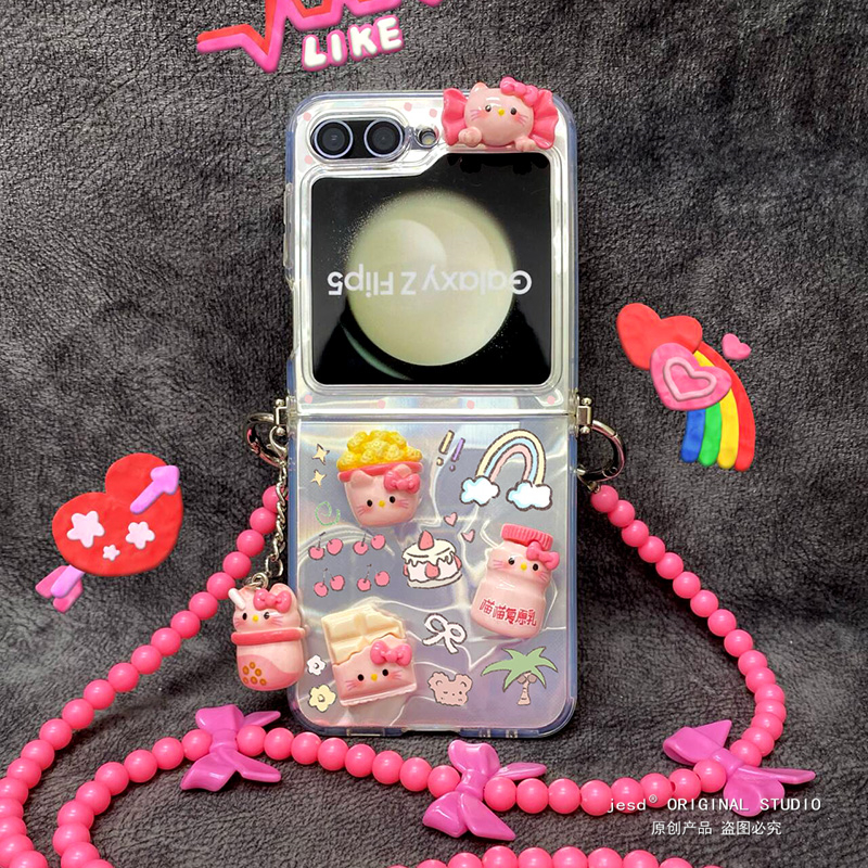 可爱粉色kitty猫糖果爆米花适用三星zflip5手机壳新款超薄折叠屏保护套flip4/6软Z Flip3水波纹w24flip女外壳