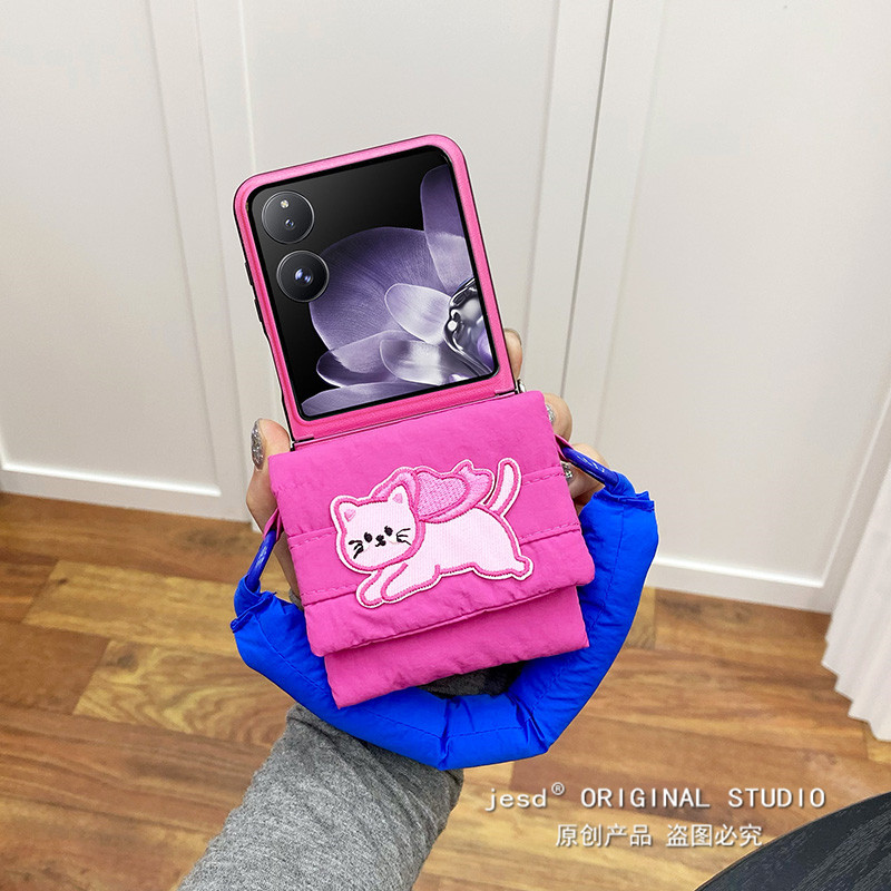 韩系少女粉刺绣蝴蝶结猫咪耳机零钱包适用小米mixflip手机壳MIX Flip小折叠屏保护套可爱挂脖绳手提斜挎外壳