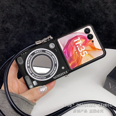 韩国原创个性相机适用摩托罗拉razr50ultra手机壳折叠屏razr60带挂绳保护套补妆镜子motorazr60铰链全包防摔