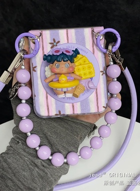 ins韩系甜美紫色条纹黑皮女孩适用三星zflip7折叠屏purax手机壳pocket2磁吸n3flip小米mixflip2荣耀vflip支架