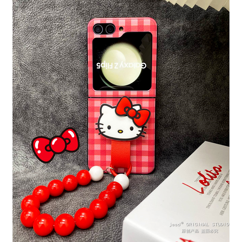 日系卡通网红hellokitty指环扣适用三星zflip5手机壳新款折叠屏保护套flip4/6皮纹Z Flip3可爱w24flip女外壳