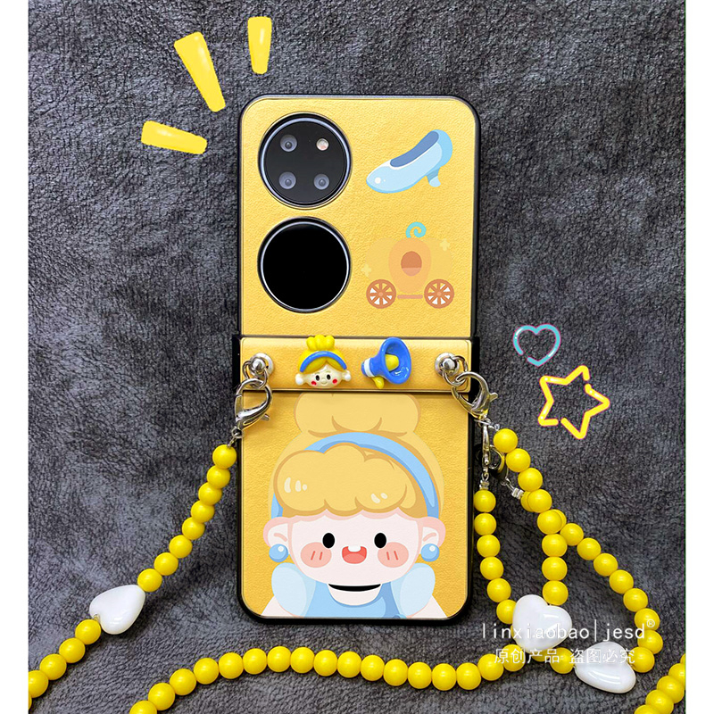 迪士尼ins风甜美创意童趣公主适用华为p50pocket手机壳新款珠链条pocket2高级感皮纹pockets宝盒折叠屏保护壳