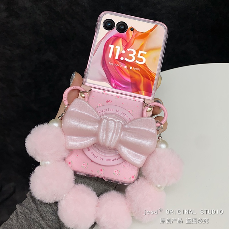 可爱碎花少女心蝴蝶结磁吸支架适用摩托罗拉Razr60手机壳折叠屏moto razr50ultra背带挂绳保护套卡通斜挎新款