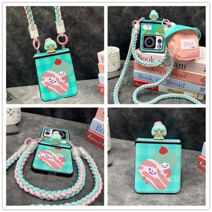 绿色格纹可爱女孩旅游小书包适用华为novaflip手机壳背带Nova Flip小折叠屏皮质保护套新款挂绳手提斜挎外壳