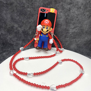 超级玛丽马里奥支架适用三星zflip3手机壳Galaxy zflip4折叠屏zflip5皮质女款f7110全包保护套W23flip斜挎绳