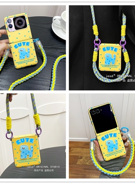 海盐蓝色波点立体可爱猫咪适用华为novaflip手机壳小折叠屏moto摩托罗拉razr50 ultra全包复古秋冬防摔保护套