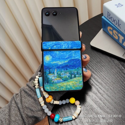 梵高复古油画星空适用摩托罗拉Razr60手机壳折叠屏moto razr50ultra手提串珠链条挂绳保护套可爱皮纹新款高级