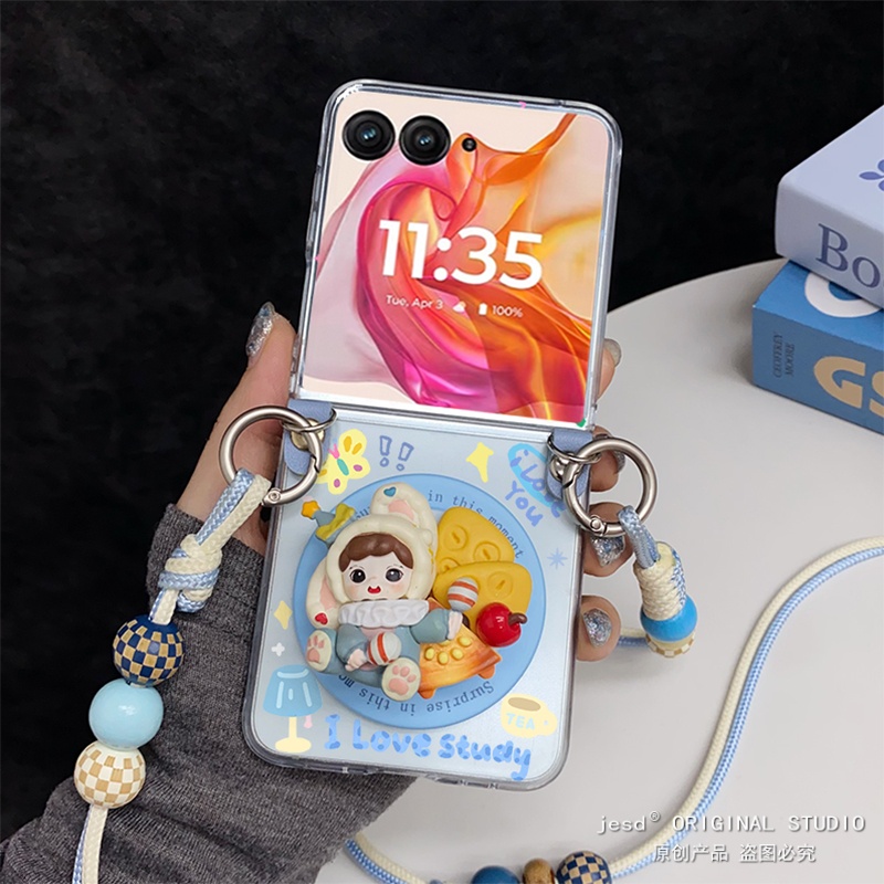 趣味可爱墩墩兔女孩磁吸支架适用摩托罗拉Razr60手机壳折叠屏moto razr50ultra背带挂绳保护套斜挎奶蓝色新款