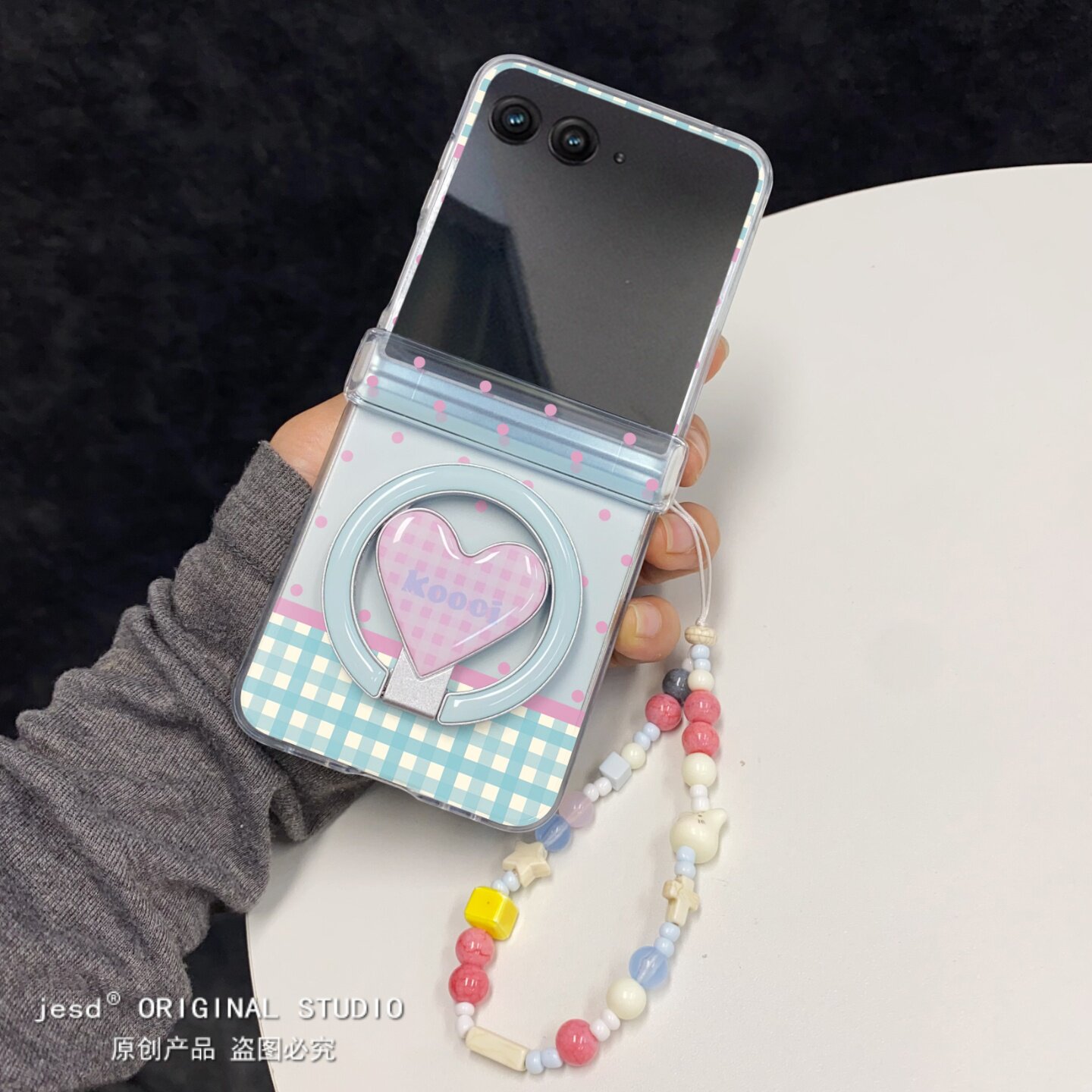 波点蓝格子爱心磁吸支架适用摩托罗拉Razr60手机壳Razr50折叠屏moto razr50ultra挂绳保护套可爱串珠手提新款