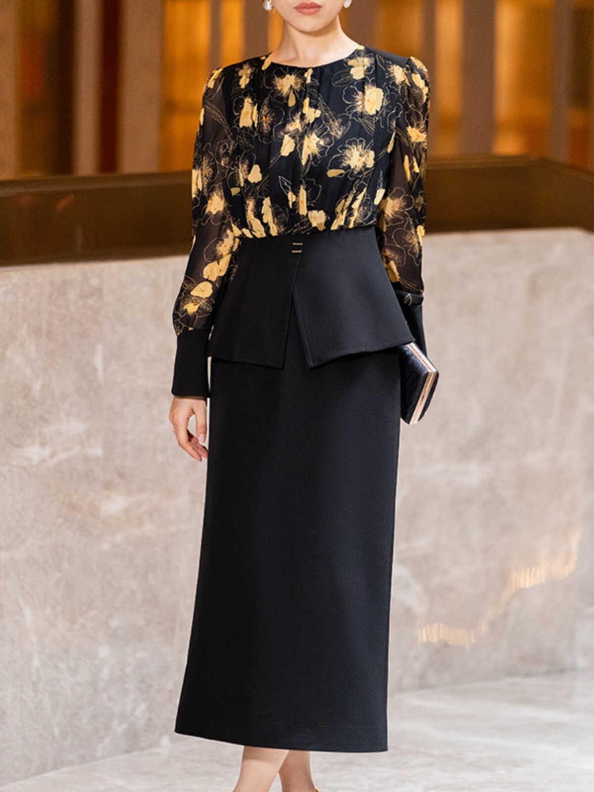 BLACK PRINTED SUIT WOMENS AUTUMN 2023 NEW TEMPERAMENT ELEGANT LONG SLEEVE SLIM SKIRT TWO-PIECE SET