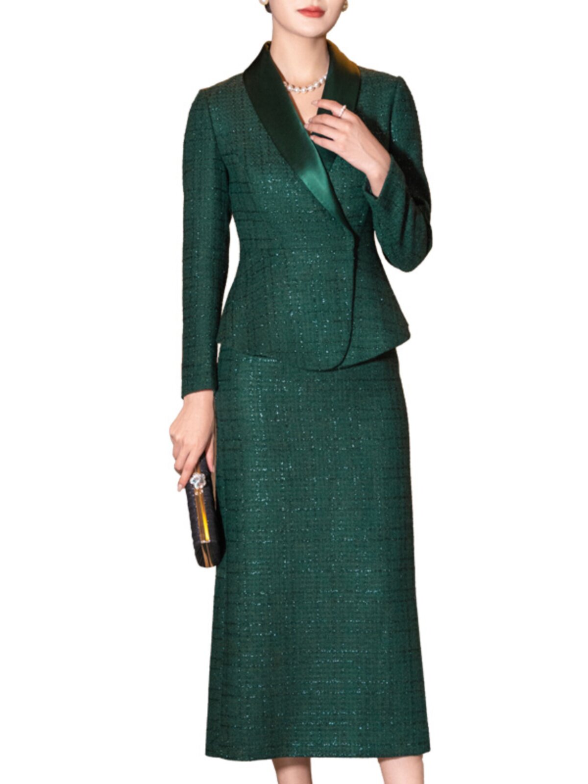 GREEN LITTLE FRAGRANCE SUIT WOMENS AUTUMN AND WINTER 2024 NEW FASHION TEMPERAMENT HIGH-END SLIM SLIM TWO-PIECE SKIRT