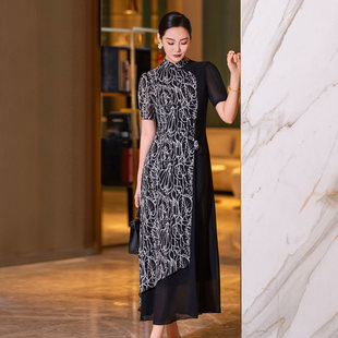 端庄大气立领拼接收腰改良旗袍裙 2026新款 新中式 印花连衣裙女夏季