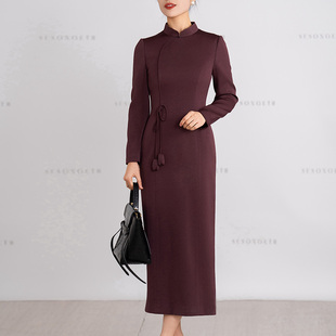 新中式国风连衣裙女2026春季新款端庄大气修身长袖立领醋酸直筒裙