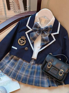 女童春款学院风套装2025新款中小童西装外套衬衫百褶裙儿童JK制服