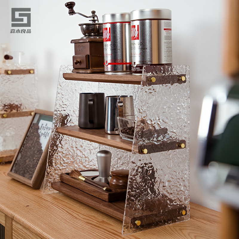 化妆品收纳盒黑胡桃多层置物架桌面水杯架杯子架实木亚克力展示架