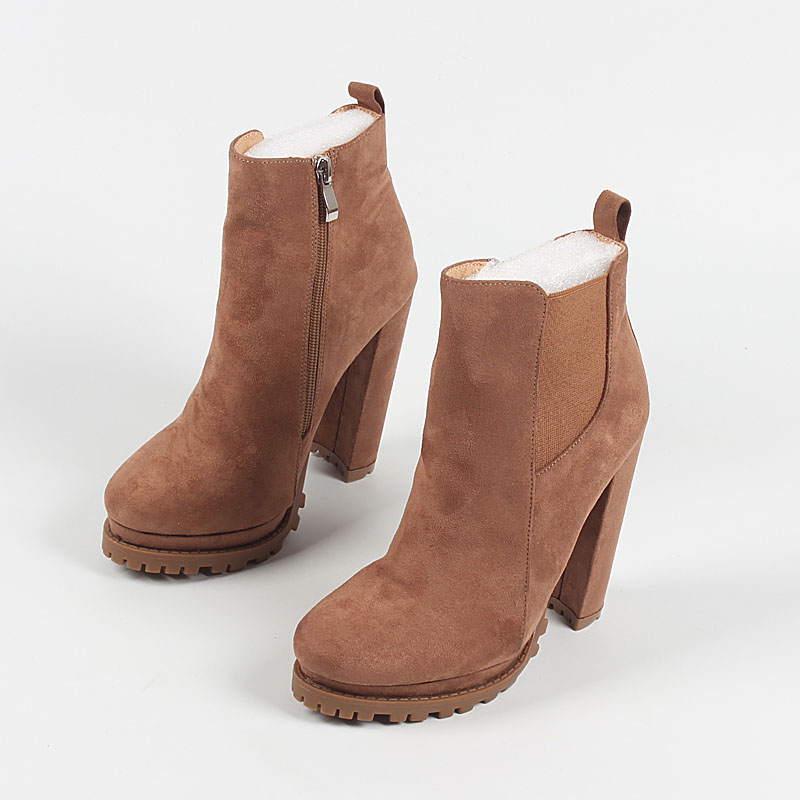 欧美女靴粗跟侧拉链高跟靴瘦腿