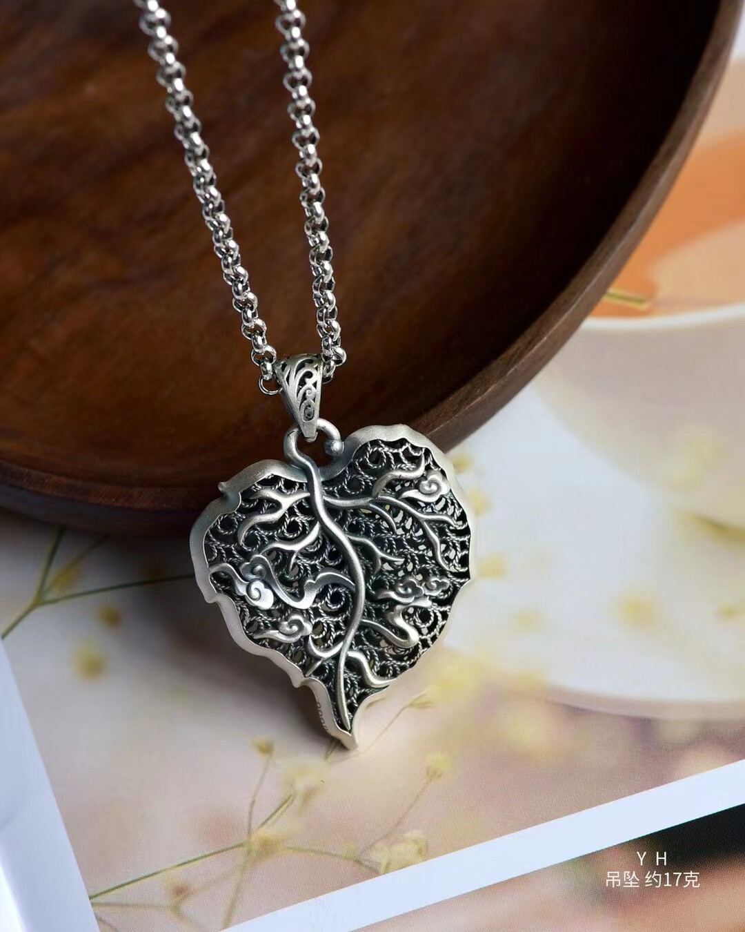 纯银民族风拉丝做旧佛手莲花项链/好运连连/足银雪花银傣家熟银