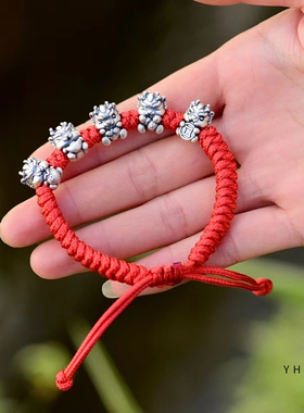 足银五福龙手链男女复古3D生肖转运手绳好运连连雪花银傣家熟银