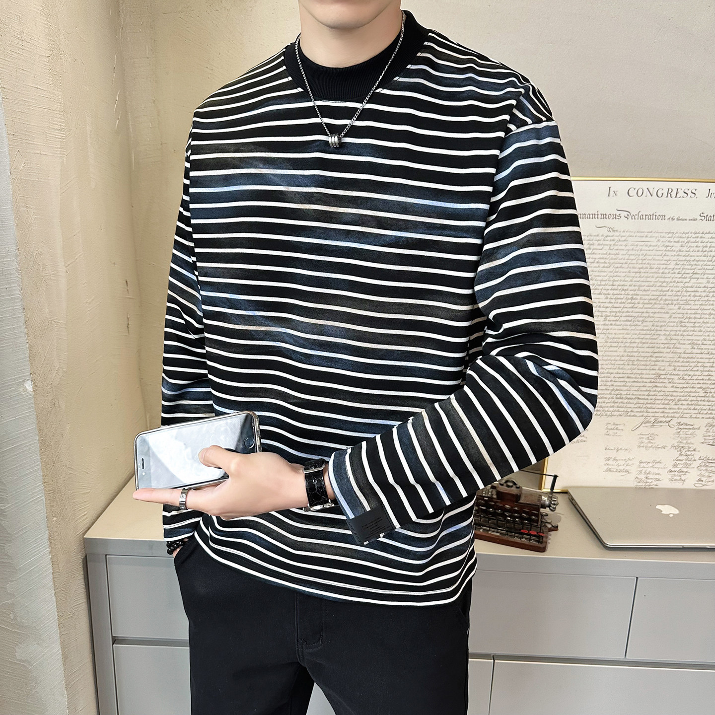 抖音 慵懒风上衣男条纹扎染针织长袖卫衣圆领外套WY200-P68图片
