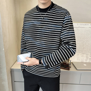 抖音 慵懒风上衣男条纹扎染针织长袖卫衣圆领外套WY200-P68图片
