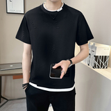新面料轻奢破洞假两件男士设计感晕染短袖T恤半袖85165-P48，男装T恤，电商D246