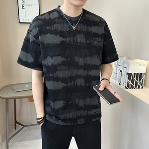 新面料轻奢破洞男士设计感晕染短袖T恤半袖8503-P48图片