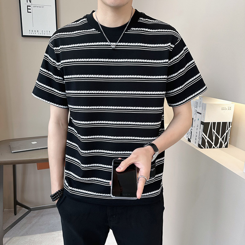 新面料轻奢冰丝男士设计感提花条纹短袖T恤半袖85159-P48,男装T恤,电商D246