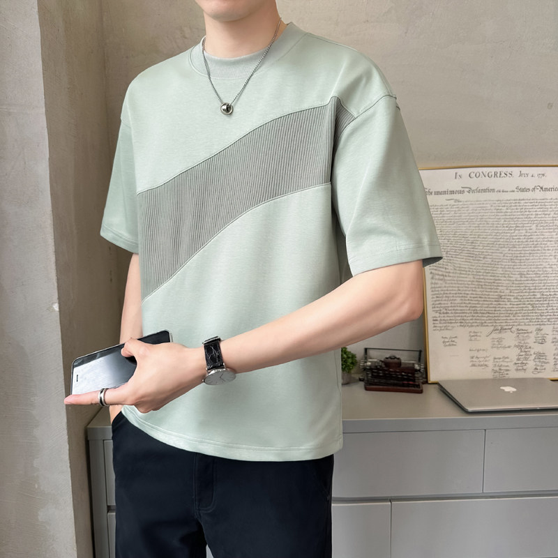 原版面料 撞色拼接男士高克重圆领短袖T恤半袖T521-P4878图片