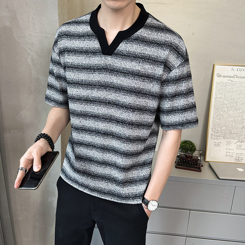 原版面料条纹男士高克重V领短袖T恤半袖T532-P48,男装T恤,电商D246