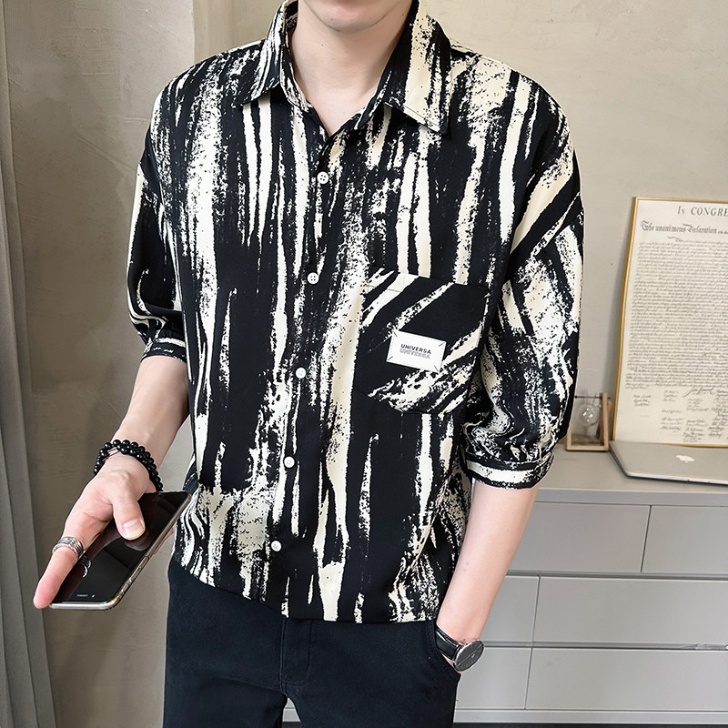 店主风-夏季冰丝雅痞花衬衫中袖印花五分袖帅气短袖衬衫953-P48,男装衬衫,电商D246