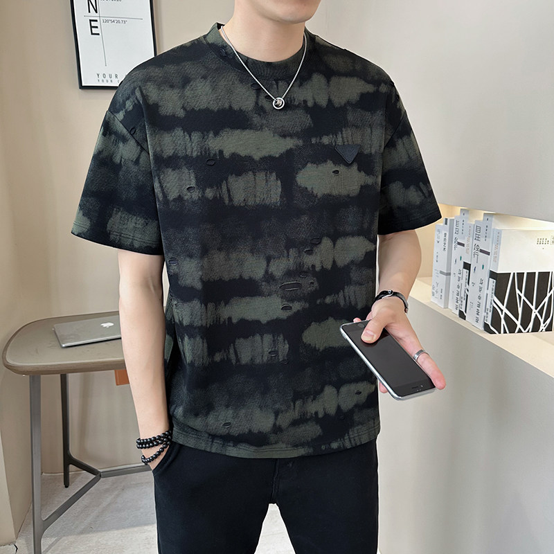 新面料轻奢破洞男士设计感晕染短袖T恤半袖8503-P48,男装T恤,电商D246