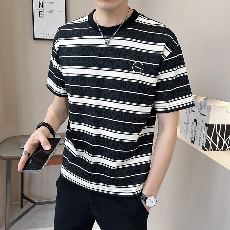 @店主 2025新款设计男士高克重条纹圆领短袖T恤半袖8263-P48图片