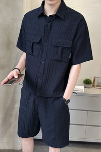 高品质重工艺男士冰丝衬衫工装一套装休闲运动短袖短裤30197-P100图片
