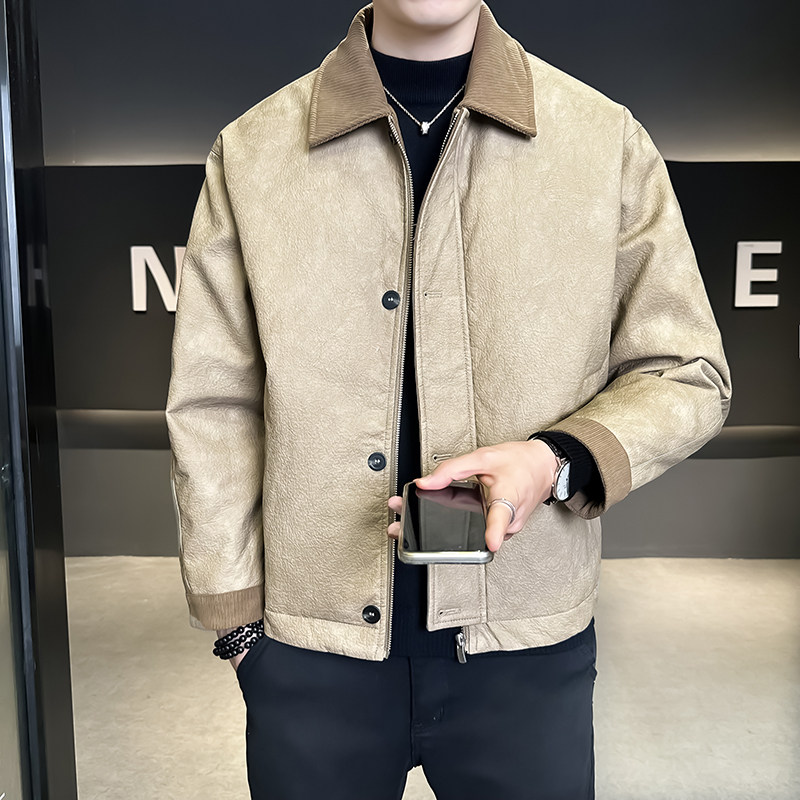 @标美式皮衣纹路感拼接PU翻领工装皮羽绒服男外套YR896-P205,男装皮衣,电商D246